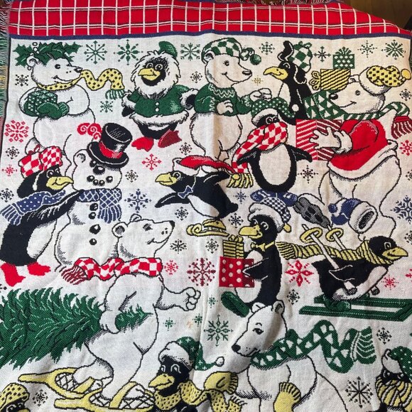 Vintage 80s 90s Christmas Blanket Fringe Edges Bears Penguins Holiday 56x44 - Picture 1 of 5